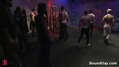 Randall OReilly Bound In Public Gay Gangbang Cage Oral Blowjob At Leather Playspace